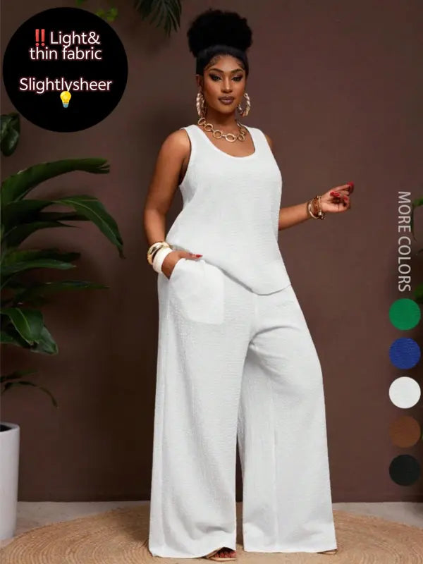 Women's Plus Size Pastel Pink 2-Piece Set,Summer Smart Casual Vacation Loose Textured U-Neck Tank Top And Elastic Waist Palazzo Pants Work Outfits