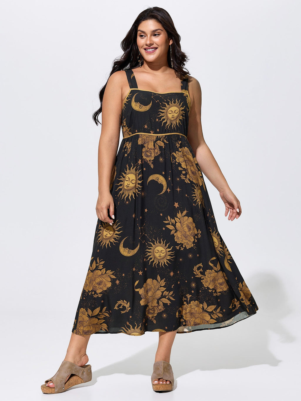 Celestial Print Wide Straps Midi Dress