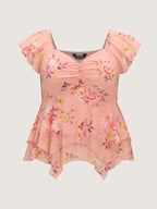 Floral Print Sweetheart Neckline Layered Blouse