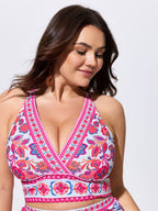 Floral Print Cut-Out Back Swim Top