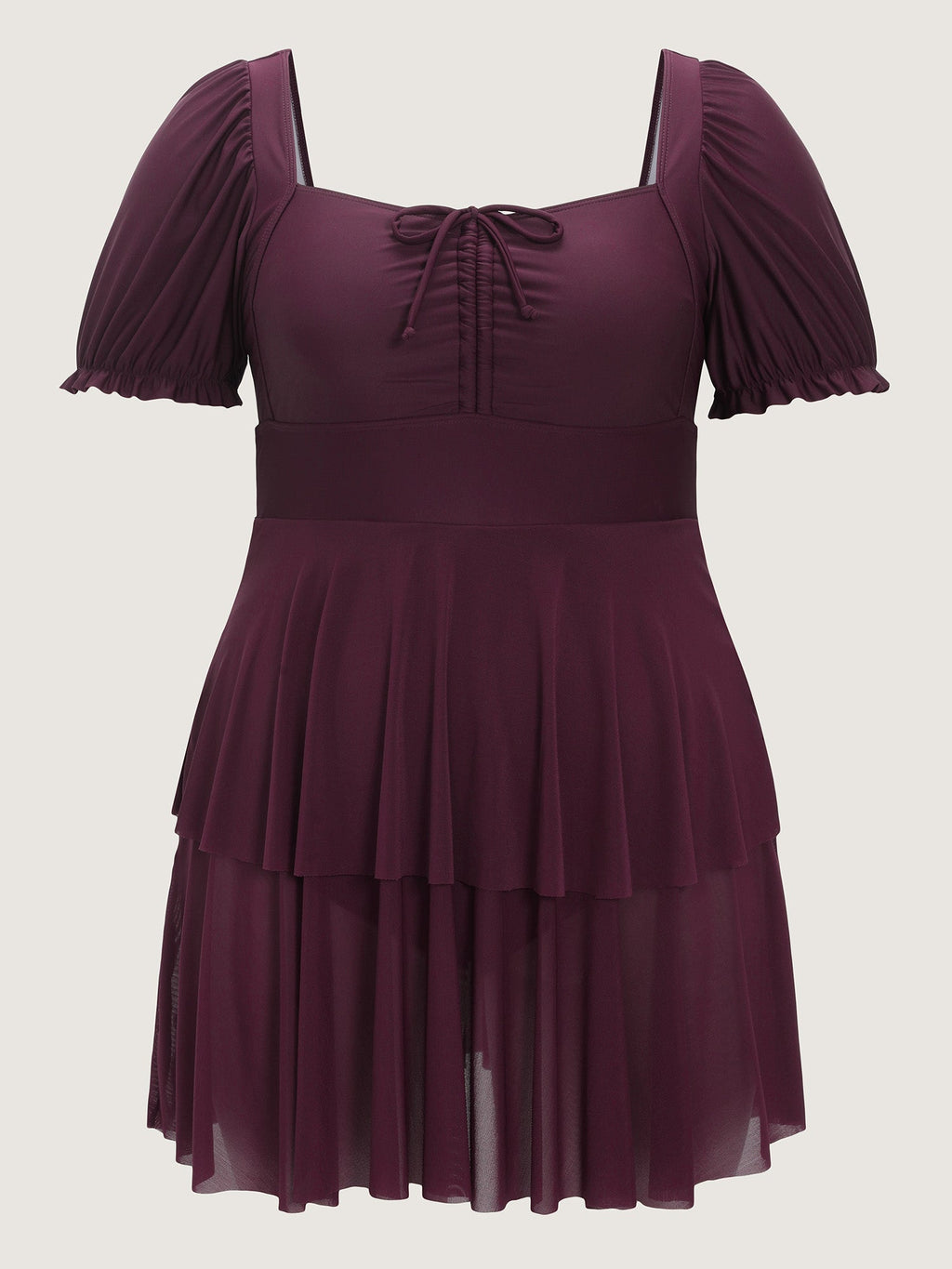 Sheer Ruched Bodice Tiered Swim Dress