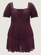 Sheer Ruched Bodice Tiered Swim Dress