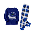 Christmas Family Matching Pajamas-Navy & White Plaid Pjs Set with "Wish You A Merry Christmas" Print