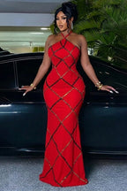 Halter Backless Geometric Print Slim Fit Gowns Maxi Dresses-Red