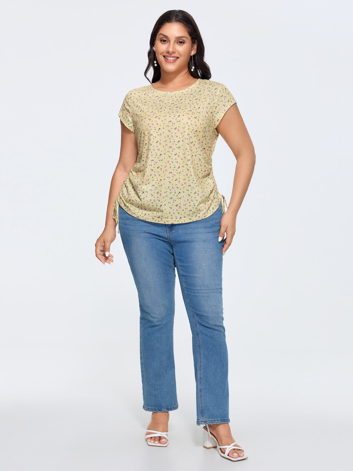 Micro Floral Print Adjustable Side Drawstring T-Shirt
