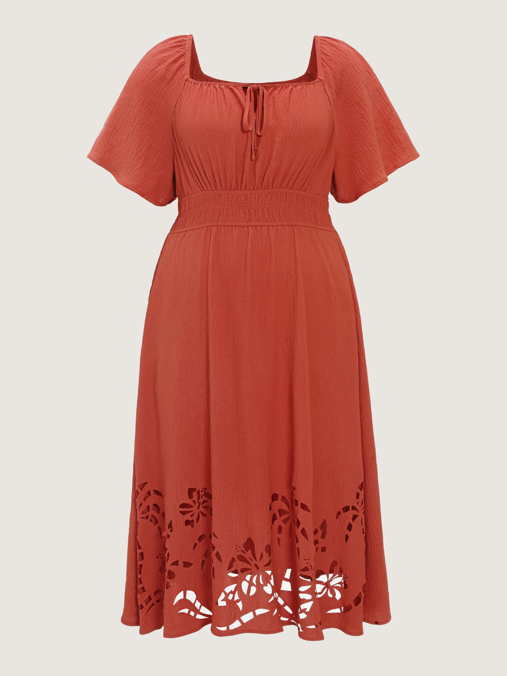 Tropical Laser Cut Hem Drawstring Midi Dress