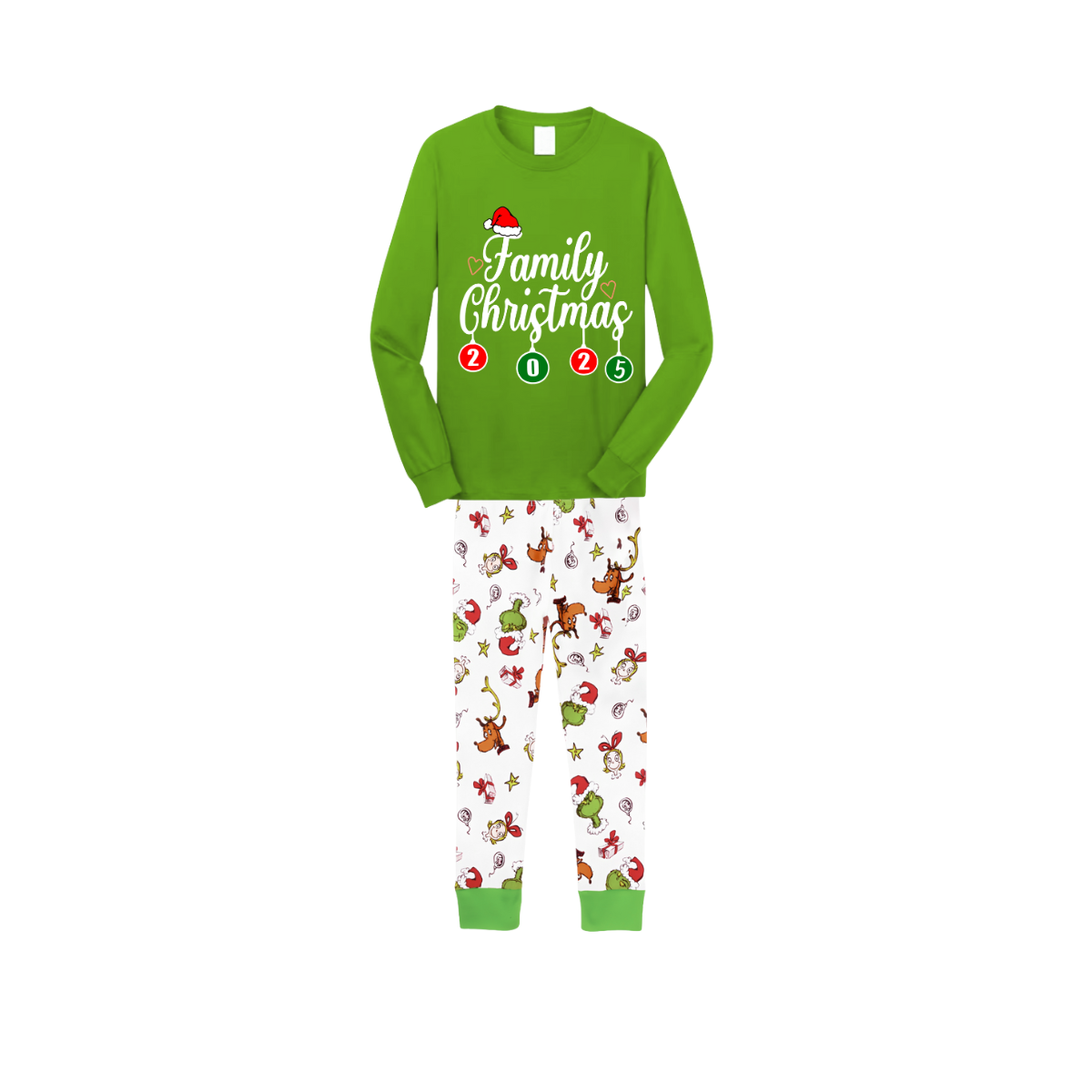 Family Christmas 2025 Pajamas Set - Green Top / Cartoon Print Pants