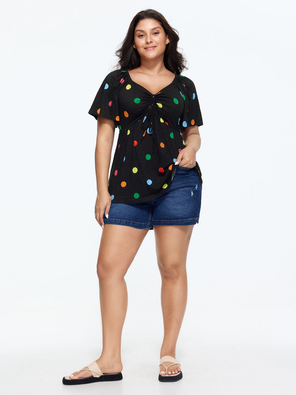 Cotton Stretchy Colorful Dot Print Drawstring Babydoll Top