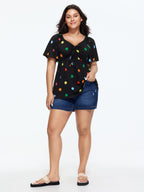 Cotton Stretchy Colorful Dot Print Drawstring Babydoll Top