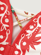 Floral Print Color Contrast Cut-Out Neckline Swim Top