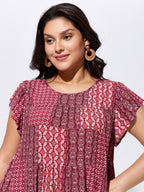 Geometric Print Ruffled Sleeve Top