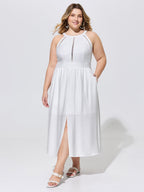 Lace Shirred Waist Halter Neckline Midi Dress