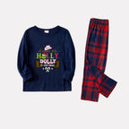 Christmas Family Matching Pajamas-Navy & Red Plaid Pjs Set with Grinch and "Have A Holly Dolly Christmas" Print