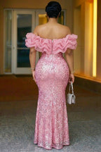 Strapless Cinch Waist Sequin Fishtail Ruched Maxi Dresses-Pink