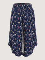 Colorful Floral Print Shirred Waist Ruffled Pants