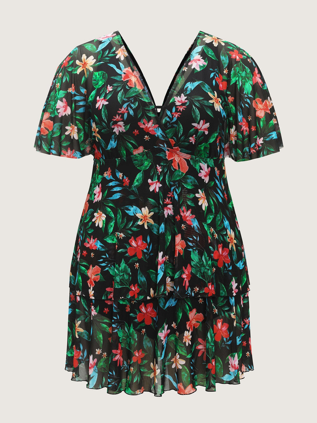 Floral Print Mesh Tiered Swim Dress