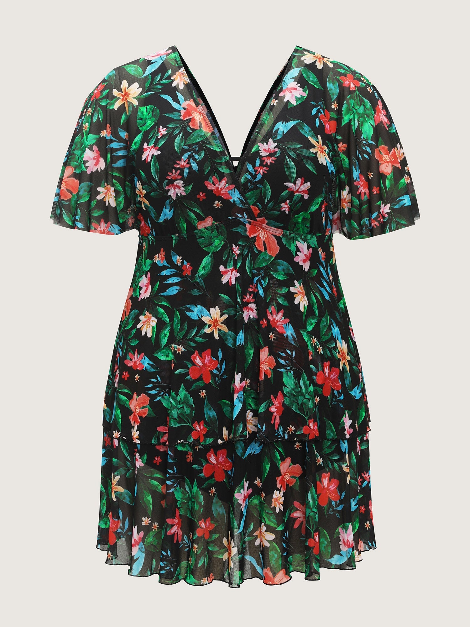 Floral Print Mesh Tiered Swim Dress