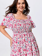 Floral Print Square Shirred Bodice Maxi Dress