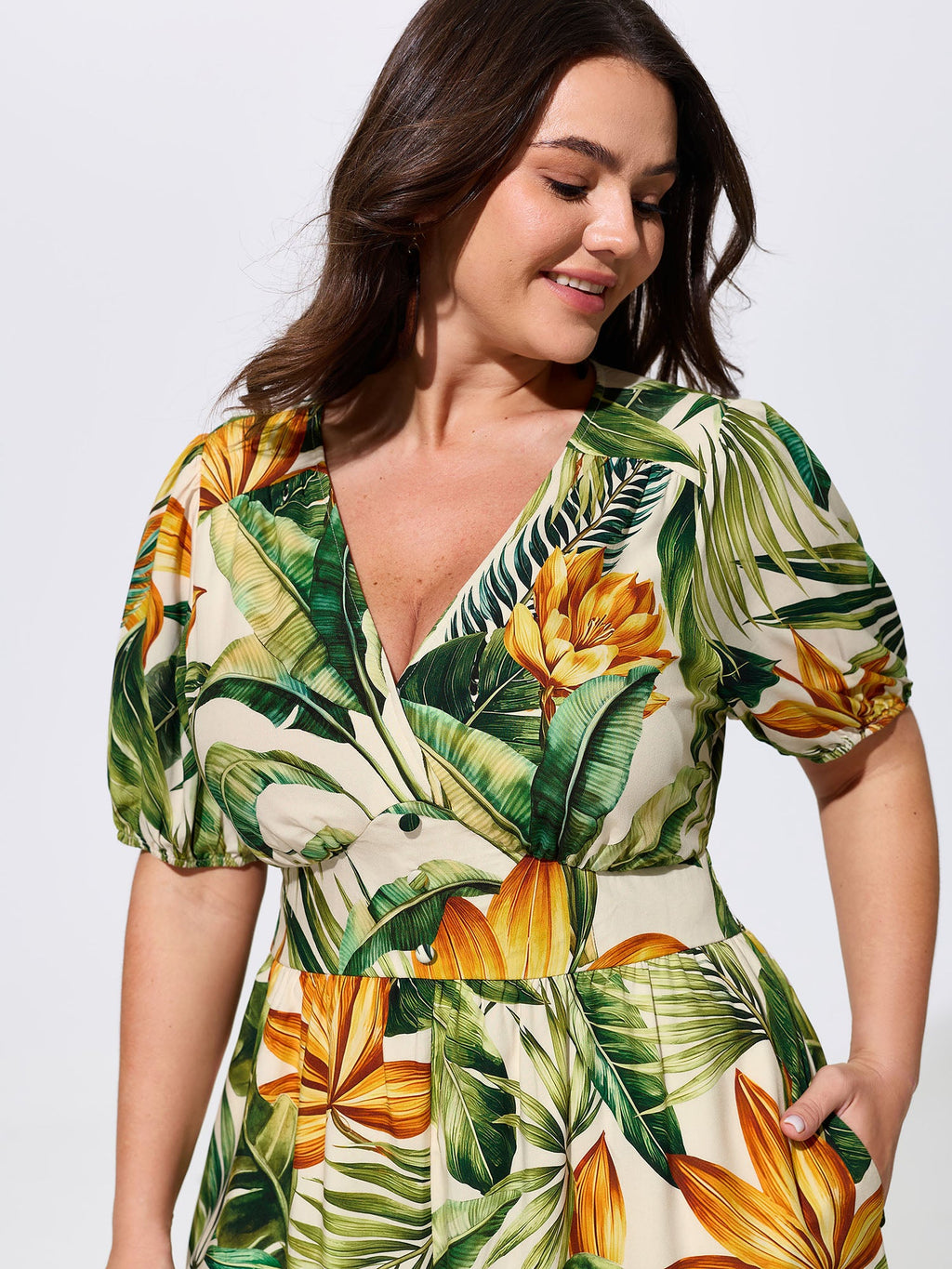 Tropical Print Shirred Wide-Leg Romper