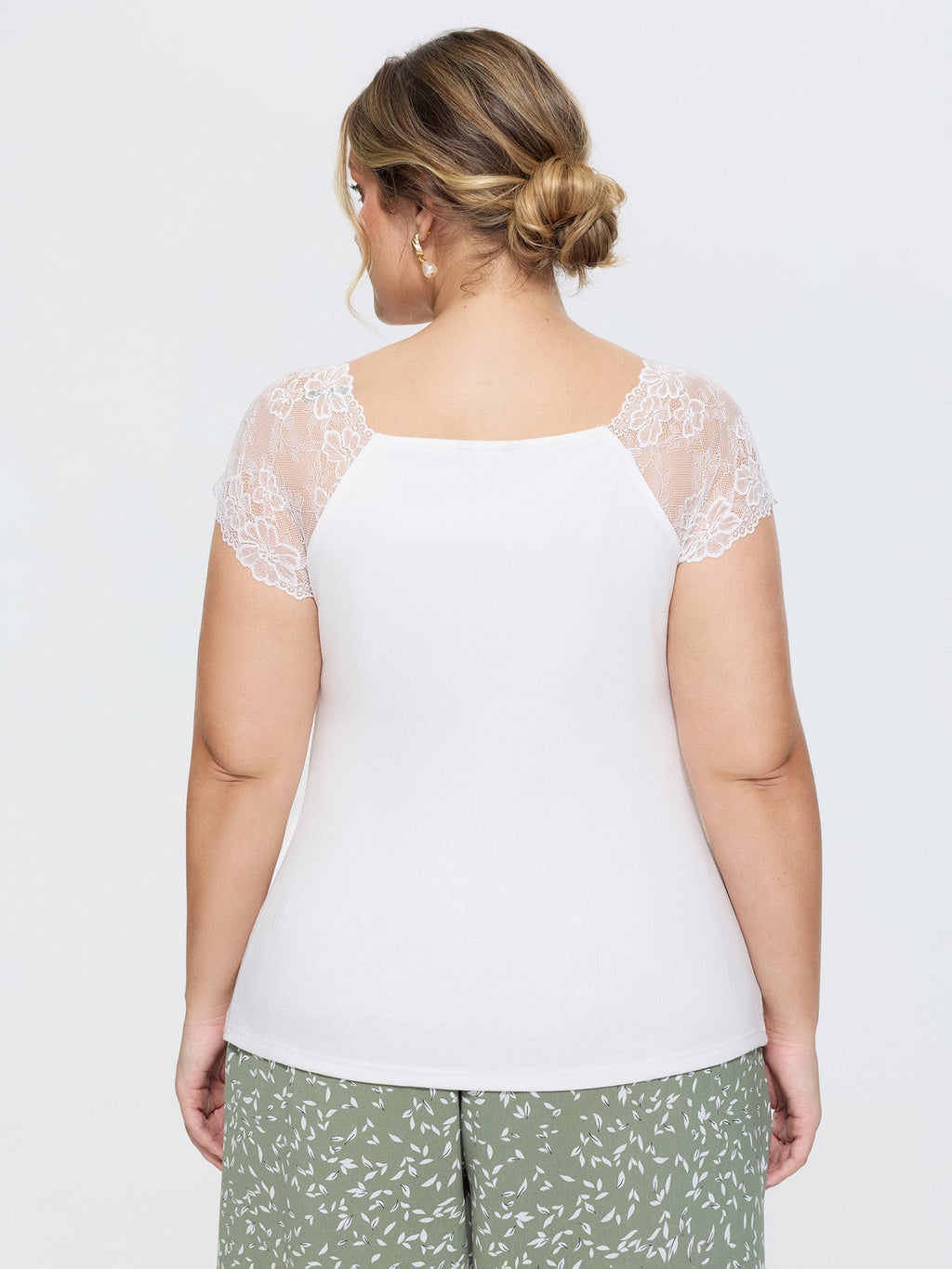 Sheer Lace Neckline Plain Knit Top