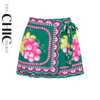Green Grape Blossom Tropical Vineyard V-Neck Swimsuit & Skirt Set