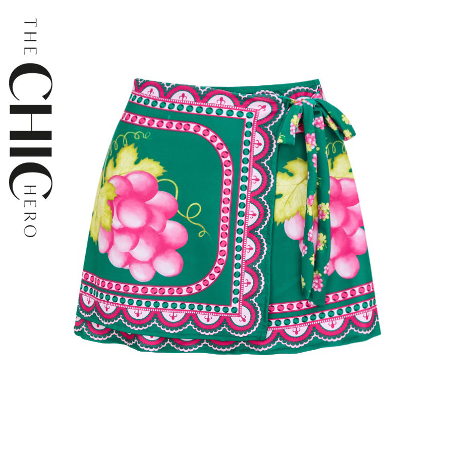 Green Grape Blossom Tropical Vineyard V-Neck Swimsuit & Skirt Set