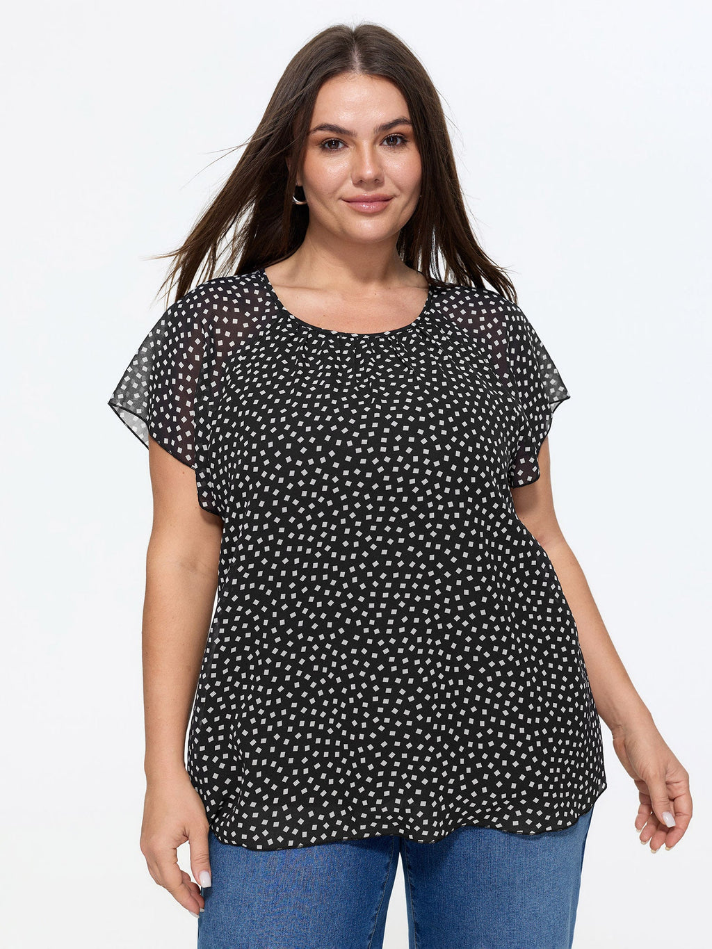 Sheer Sleeve Geometric Print Blouse
