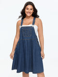 Stretchy Overall Straps Pleated Mini Denim Dress