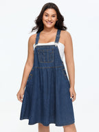 Stretchy Overall Straps Pleated Mini Denim Dress