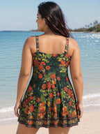 Vibrant Floral Print Twist Front Swim Dress