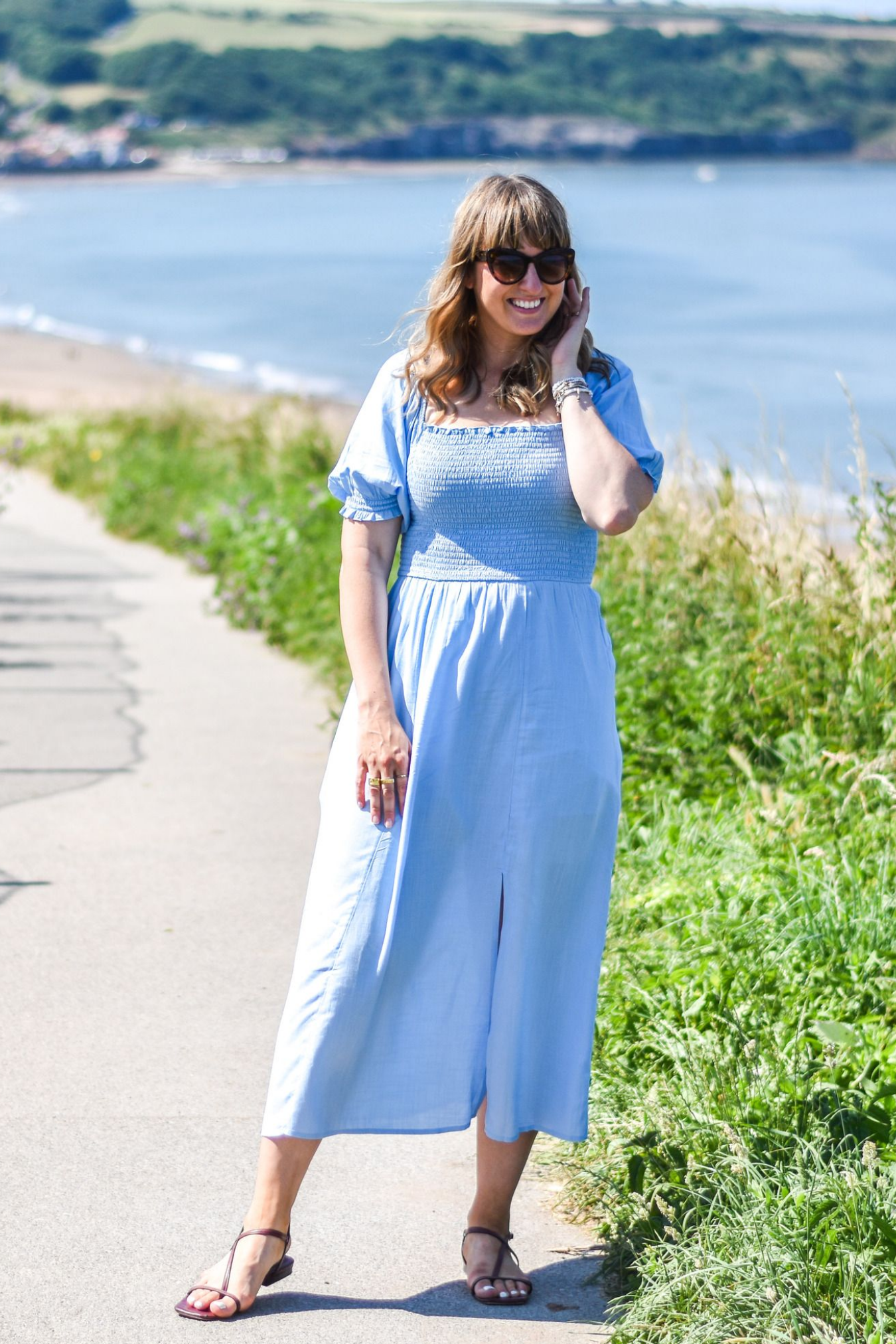 Katie - Shirred Bodice Midi Dress - Blue