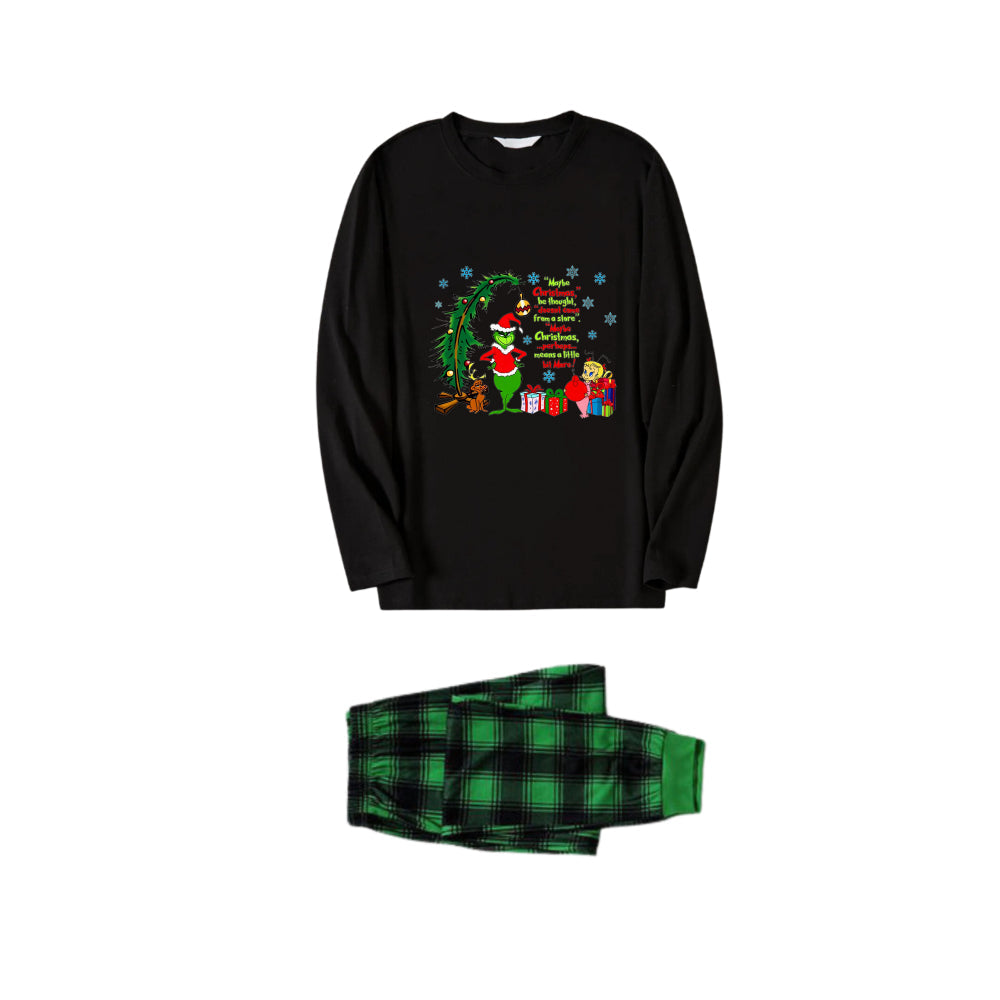 Christmas Family Matching Pajamas-Black Top and Green Plaid Pants Pjs Set with Grinch and Christmas Pattern Print