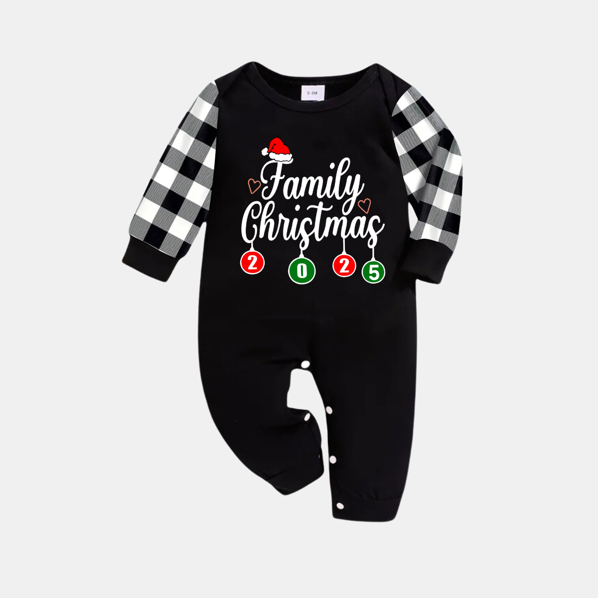 "Family Christmas 2025" Letter Printed Black Long Sleeve Top with Black And White Plaid Pants Family Matching Pajamas