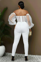 Off Shoulder Lantern Sleeve Cinch Waist Slim Fit Jumpsuit-White