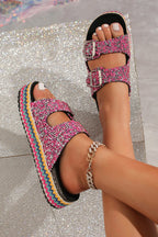 Glitter Colourful Rhinestone Double Buckles Round Toe Slippers-Fuchsia