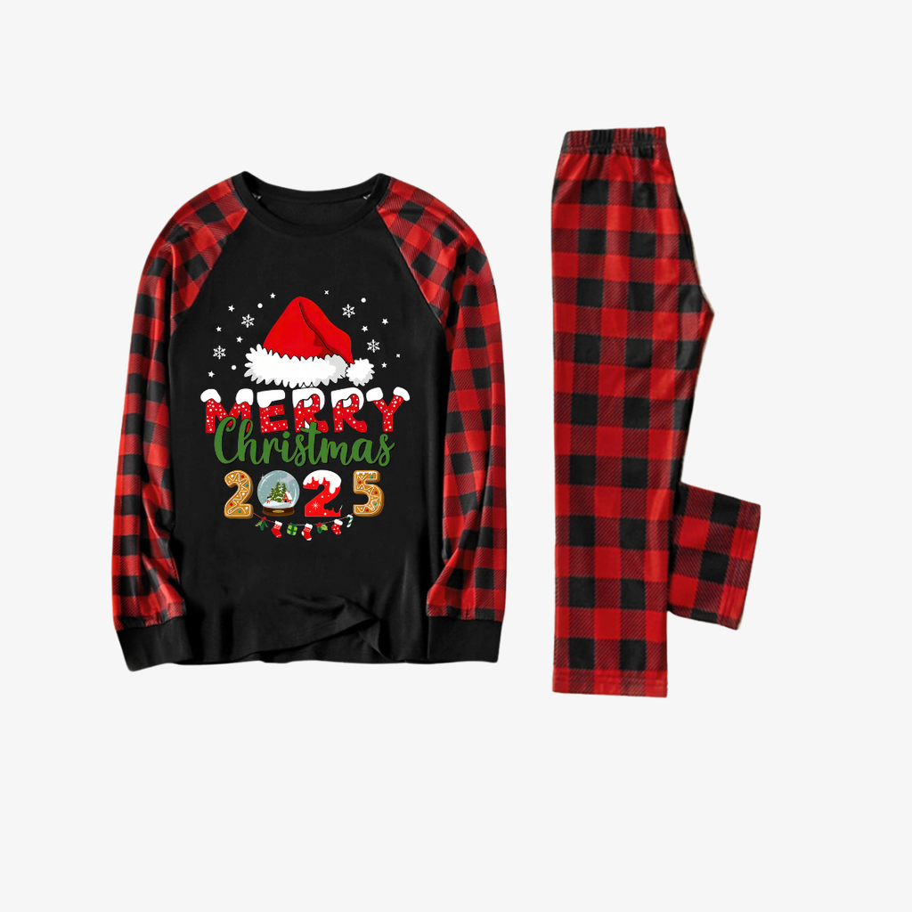 Red and Black Plaid Christmas Pajamas Set With Santa Hat and "Merry Christmas 2025" Text Print