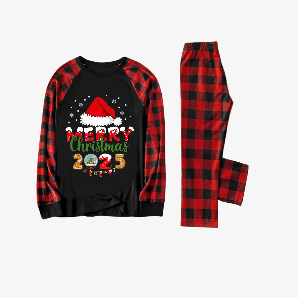 Red and Black Plaid Christmas Pajamas Set With Santa Hat and "Merry Christmas 2025" Text Print