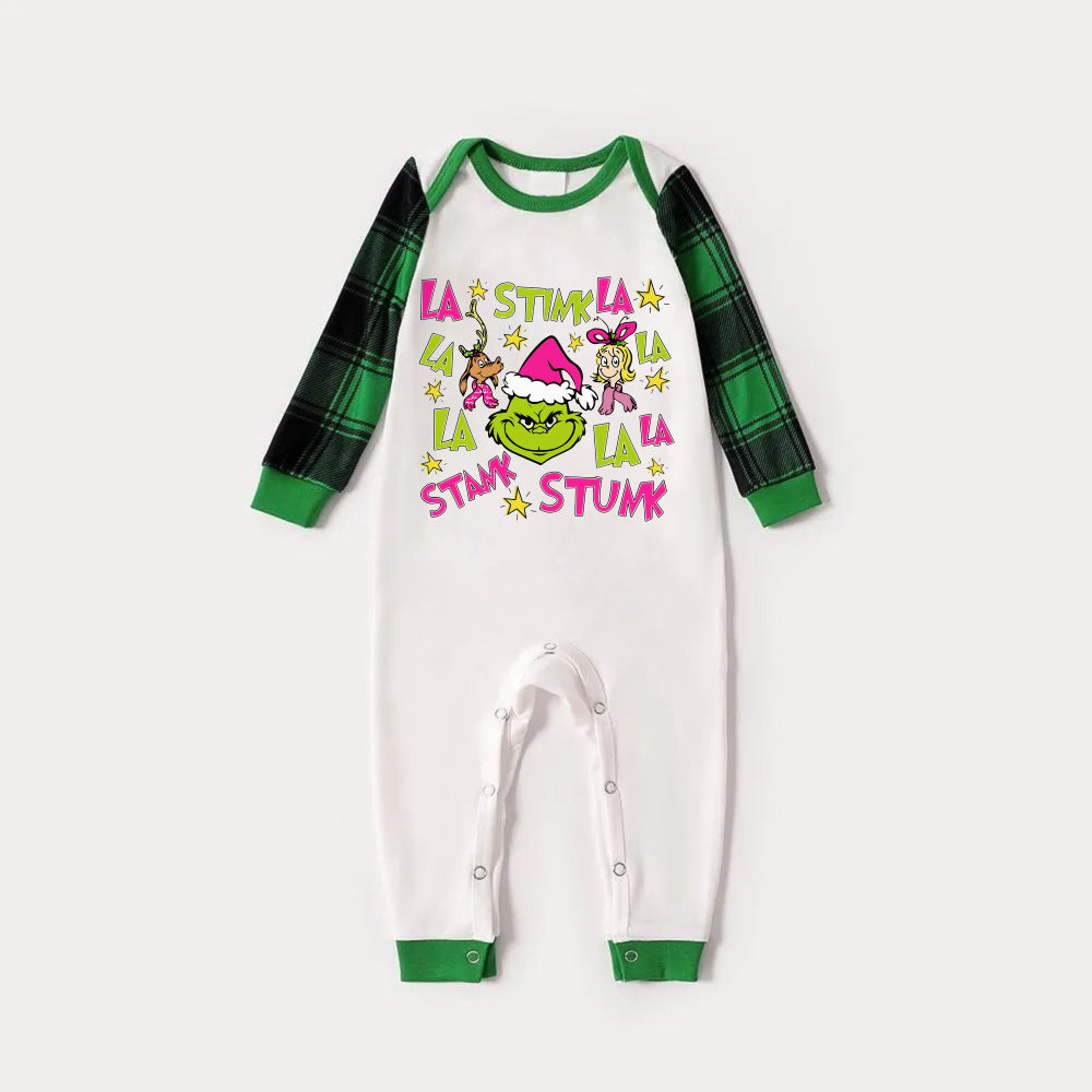 Green Raglan Top Green Plaid Christmas Pajamas Set With Grinch Wearing Pink Santa Hat Print