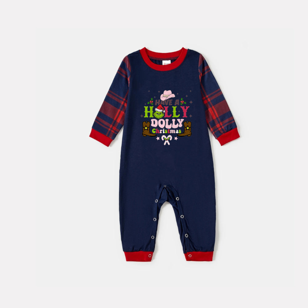 Christmas Family Matching Pajamas-Navy & Red Plaid Pjs Set with Grinch and "Have A Holly Dolly Christmas" Print