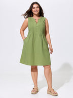 Cotton Toothpick Pleat Button Detail Mini Dress