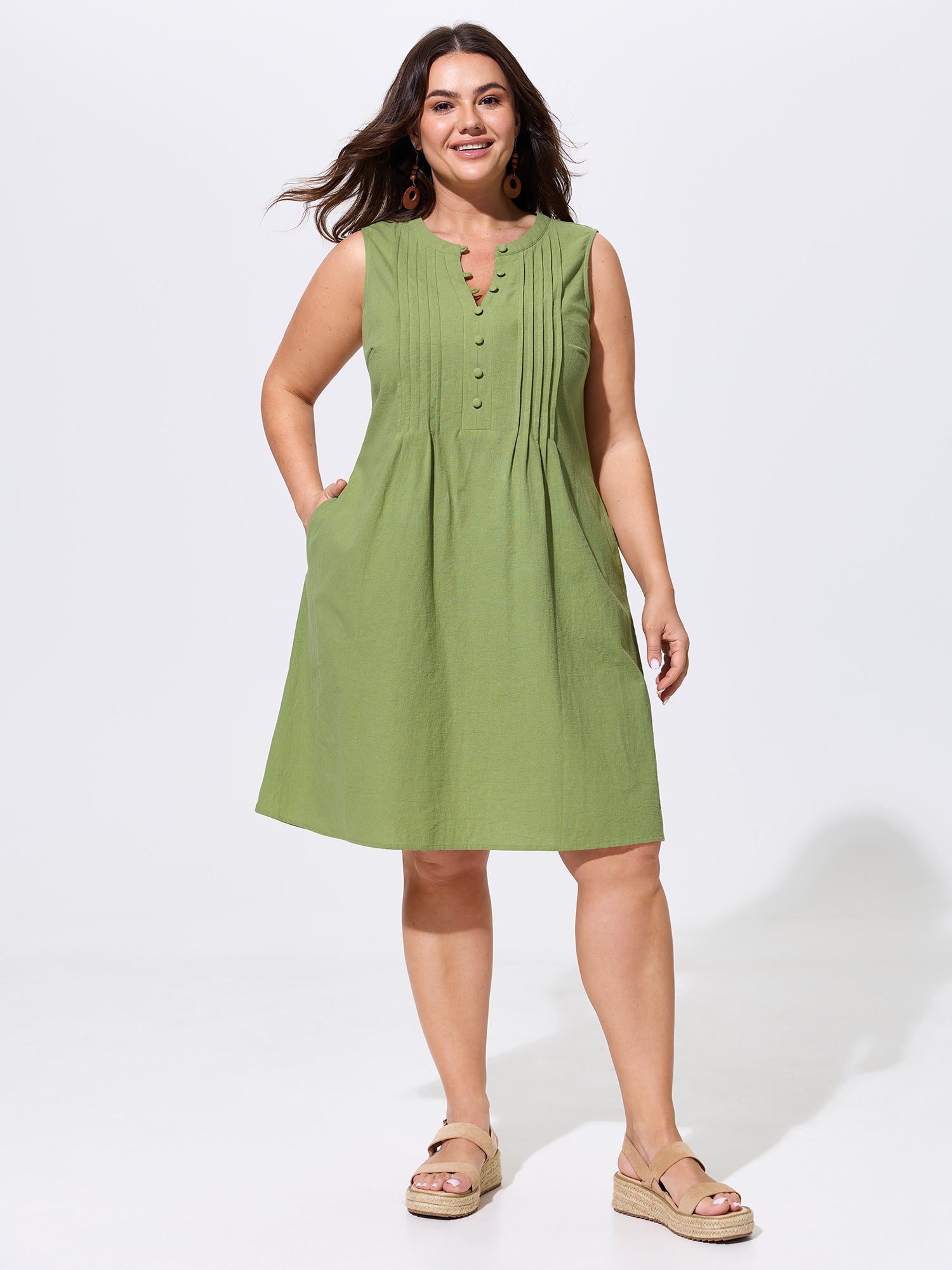 Cotton Toothpick Pleat Button Detail Mini Dress