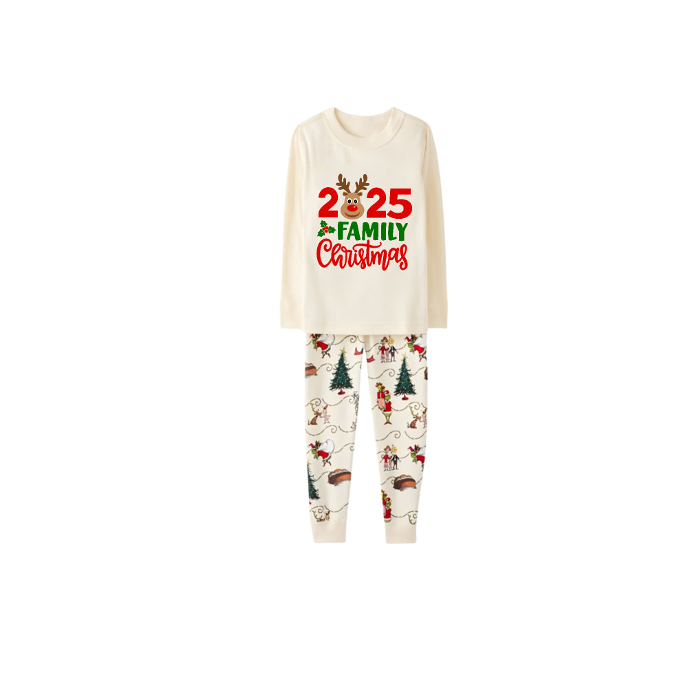 Beige Christmas Pattern Print Christmas Pajamas Set With 2025 Christmas Slogan Print