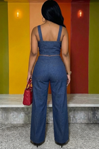 Denim Wide Straps Top High Waist Pants Casual 2pcs Set-Blue
