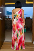 One Shoulder Cinch Waist Colorblock Maxi Dresses-Multicolor
