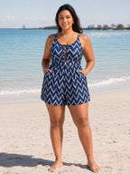 Geometric Striped Print Cut-Out Swim Romper