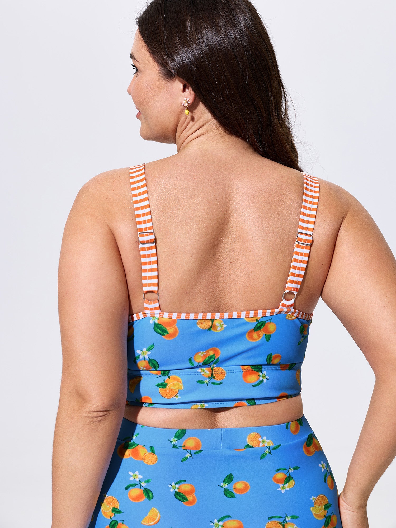 Citrus Print Striped Straps Swim Top
