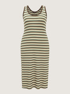 Striped Print Ribbed Scoop Neck Midi Dress