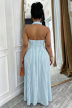 Halter Backless Button Striped Loose Fit Casual Maxi Dresses-Blue