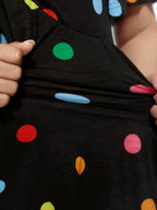 Cotton Stretchy Colorful Dot Print Drawstring Babydoll Top