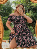 Plus Size All Over Floral Print Frill Trim Shirred Off Shoulder A Line Dress